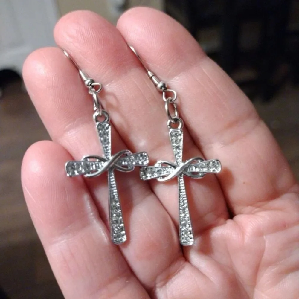 New Woman’s Sterling Silver Infinity Crucifix Cross White Sapphire Earrings
